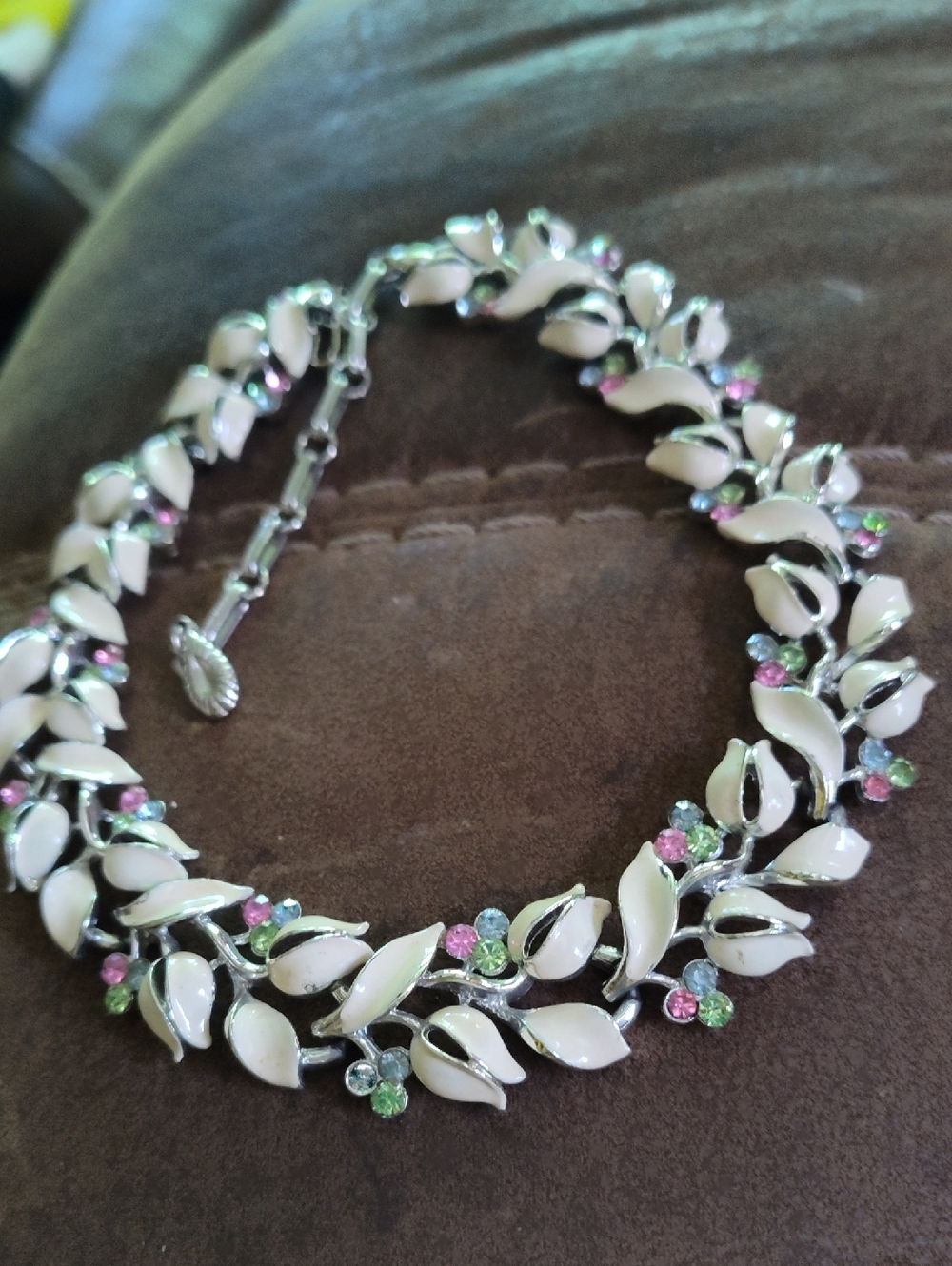 Lisner Ivory Enamel Floral Link Necklace  Pink, Green and Clear Crystal 1950s